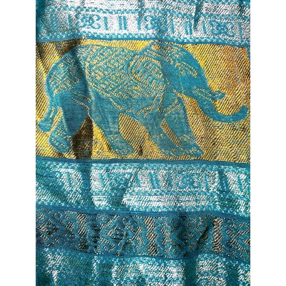 Turquoise & Gold Silk Elephant Print Scarf/Shawl 40.5”x 20.5”  Water Scent - Picture 2 of 5